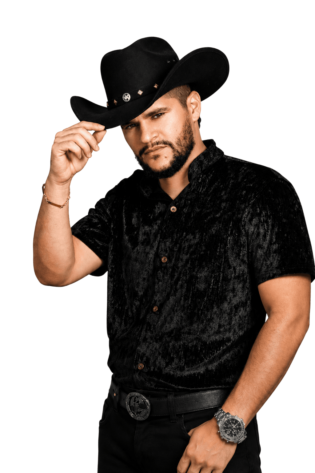 Wilfer Soto, cantante de música popular colombiana, con sombrero negro de ala ancha, mirando hacia la cámara.